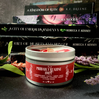 Probably Reading Smut Candle, Cinnamon Santal Amber: 6.5oz Candle Tin